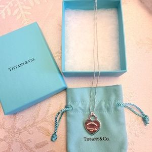 Tiffany & Co. Blue Enamel Trim Heart Tag Charm w/ Beaded Chain